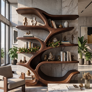 Organic Solid Wood Bookshelf with Tree Branch Inspired Sculptural Shelves