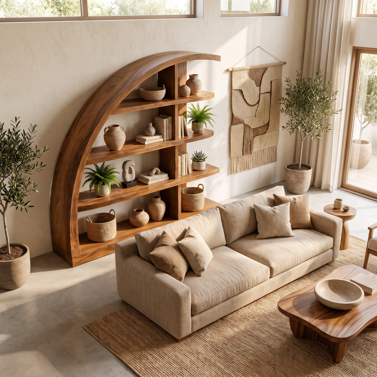 Sculptural Solid Wood Bookshelf with Curved Arch Frame and Open Display Shelves