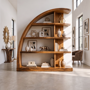 Sculptural Solid Wood Bookshelf with Curved Arch Frame and Open Display Shelves