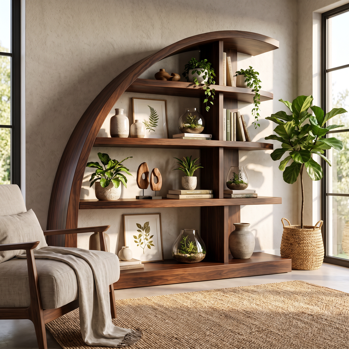 Sculptural Solid Wood Bookshelf with Curved Arch Frame and Open Display Shelves