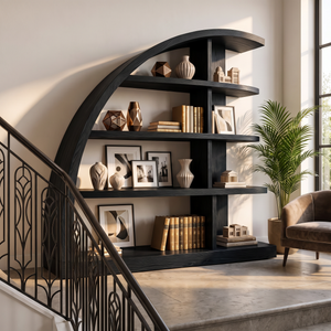 Sculptural Solid Wood Bookshelf with Curved Arch Frame and Open Display Shelves