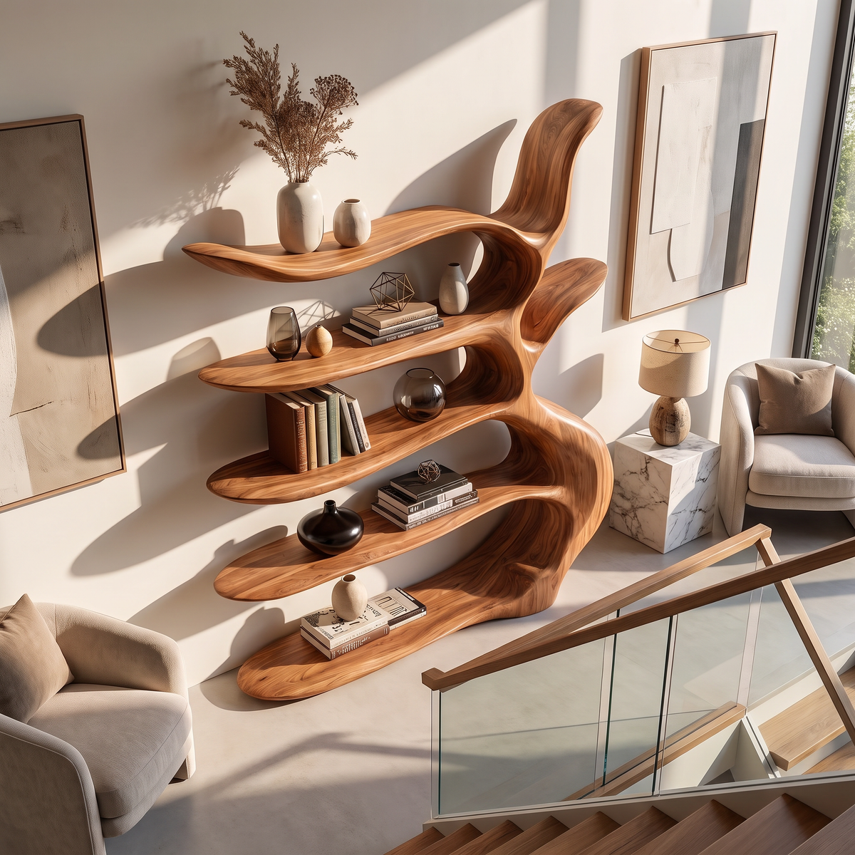 Sculptural  Bookshelf with Tree Inspired Branch Shelves and Organic Open Design