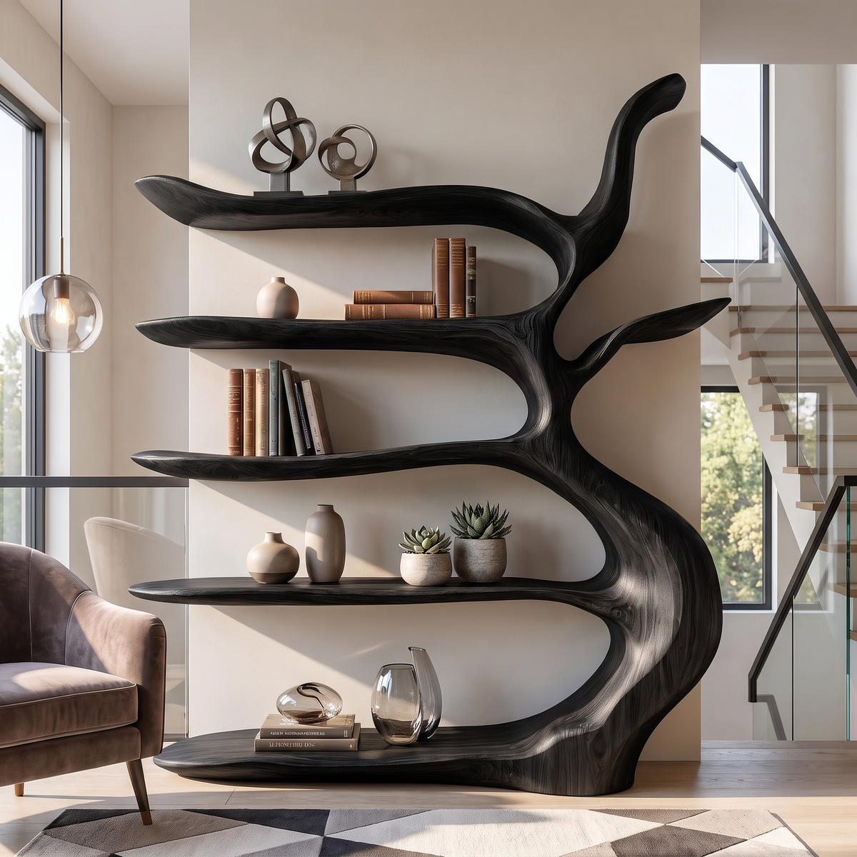 Sculptural  Bookshelf with Tree Inspired Branch Shelves and Organic Open Design