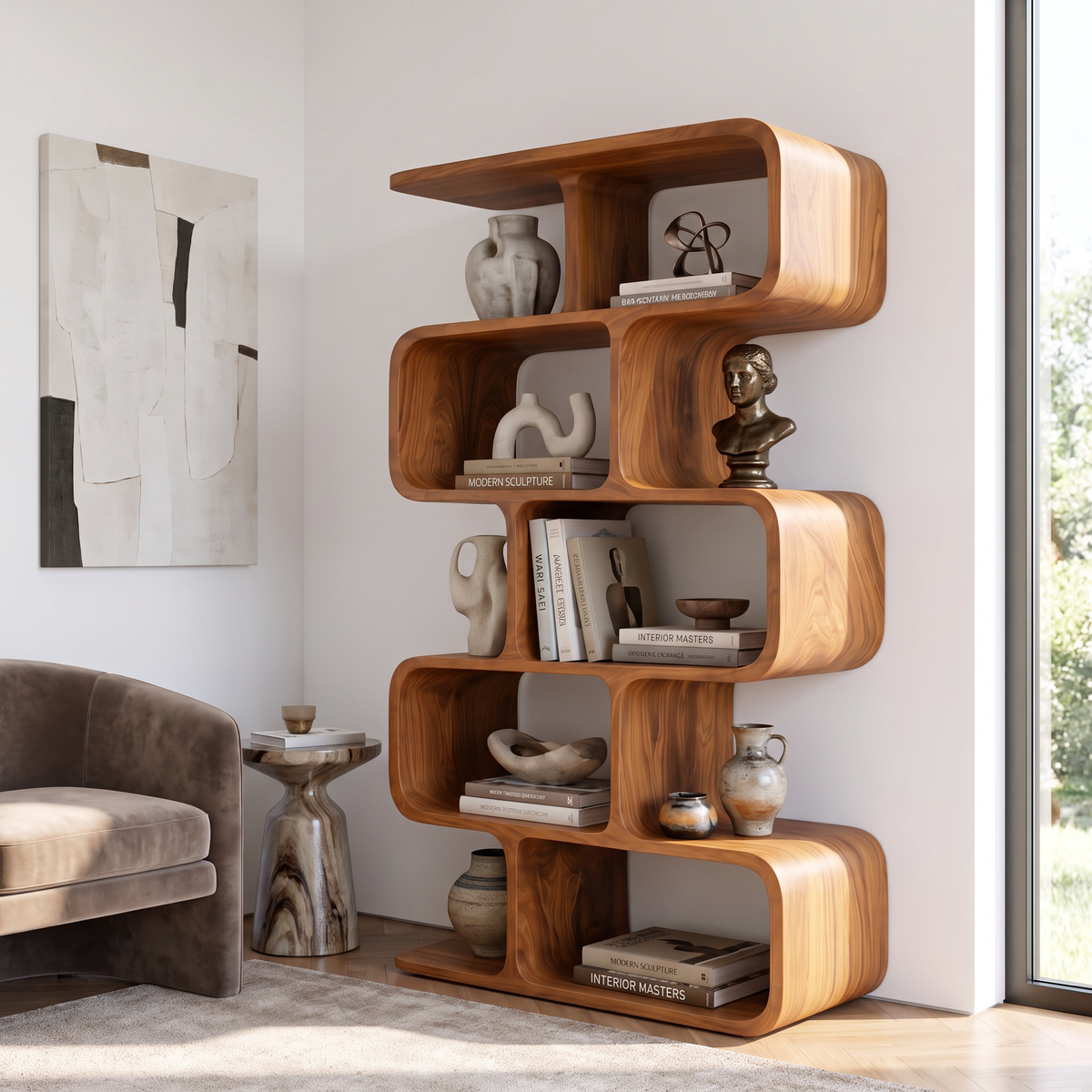 Organic Solid Wood Bookshelf with Staggered Rounded Compartments