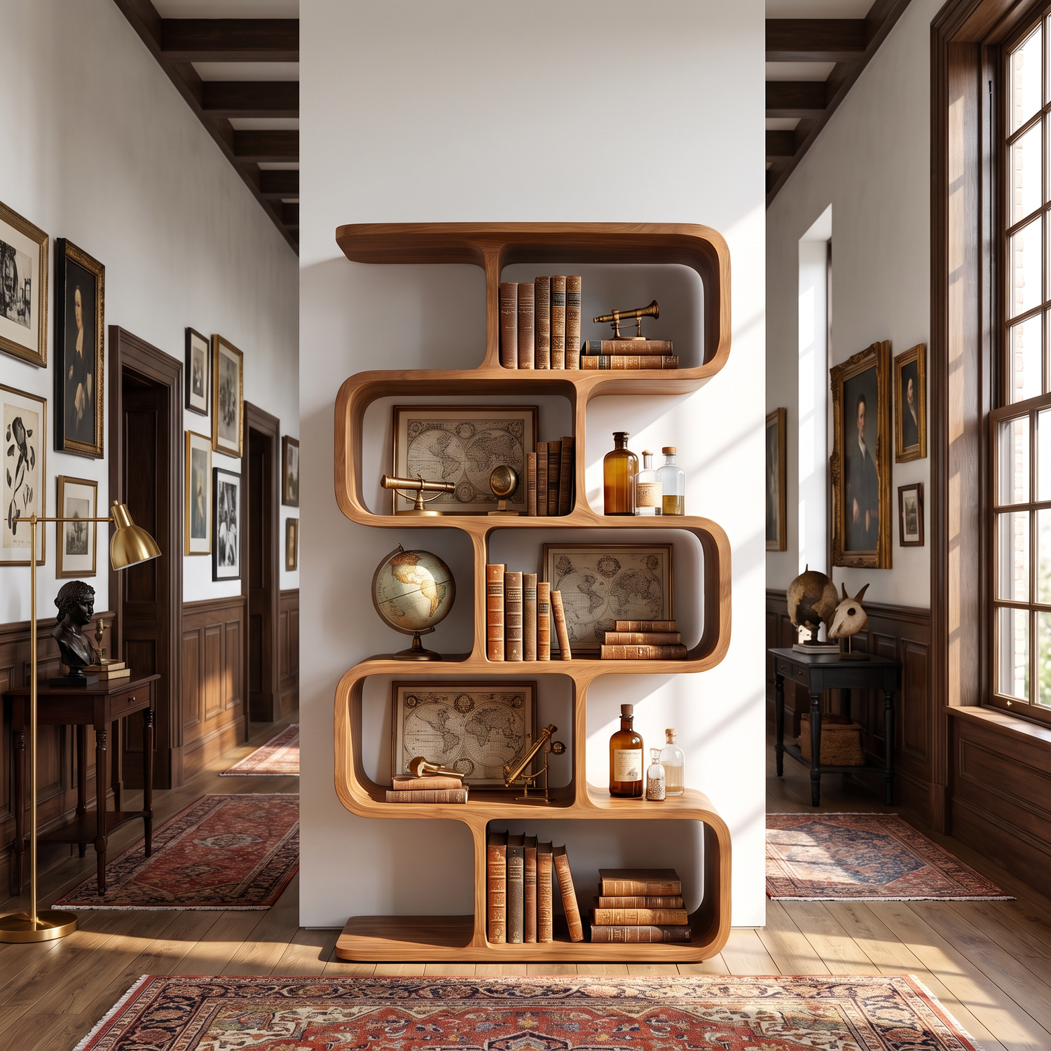 Organic Solid Wood Bookshelf with Staggered Rounded Compartments