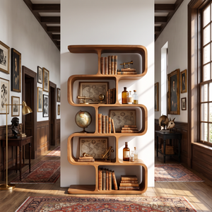 Organic Solid Wood Bookshelf with Staggered Rounded Compartments