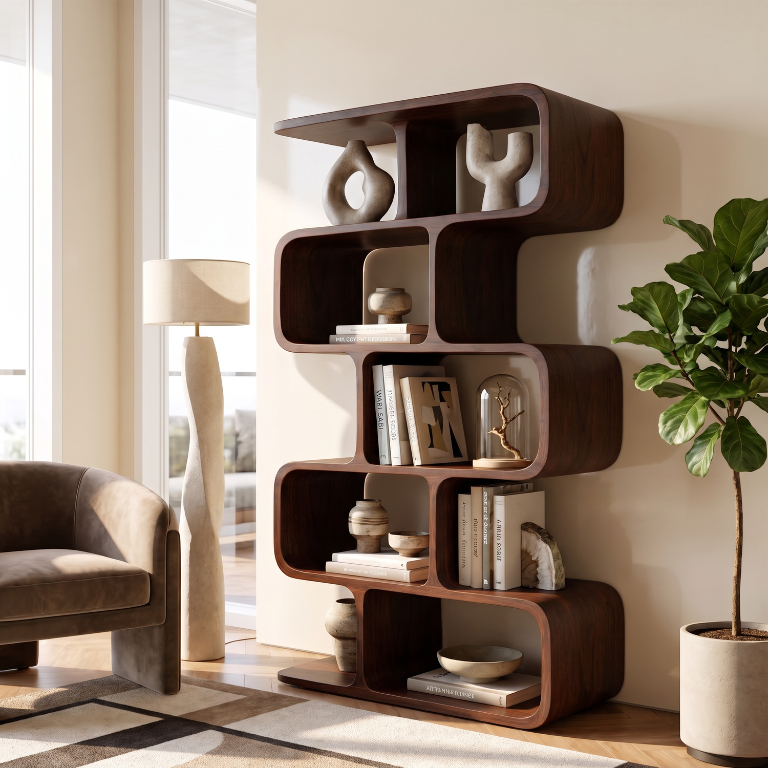 Organic Solid Wood Bookshelf with Staggered Rounded Compartments