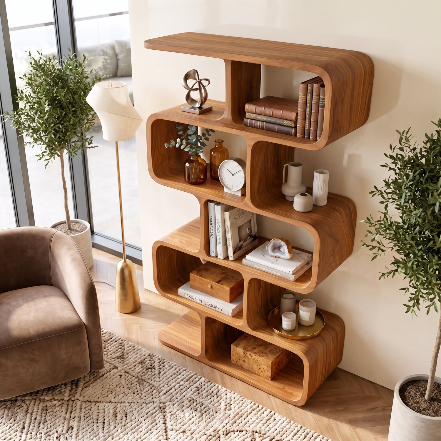 Organic Solid Wood Bookshelf with Staggered Rounded Compartments