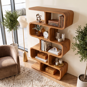 Organic Solid Wood Bookshelf with Staggered Rounded Compartments