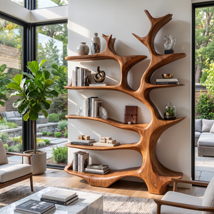 Nature Inspired Solid Wood Bookcase with Freeform Tree Shelving