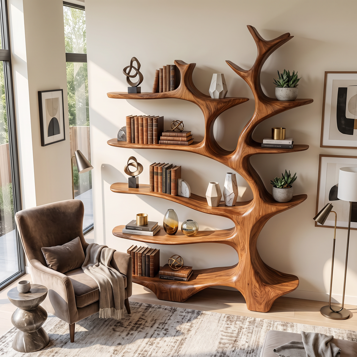 Nature Inspired Solid Wood Bookcase with Freeform Tree Shelving