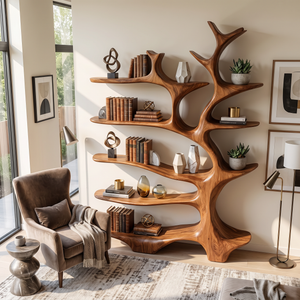 Nature Inspired Solid Wood Bookcase with Freeform Tree Shelving
