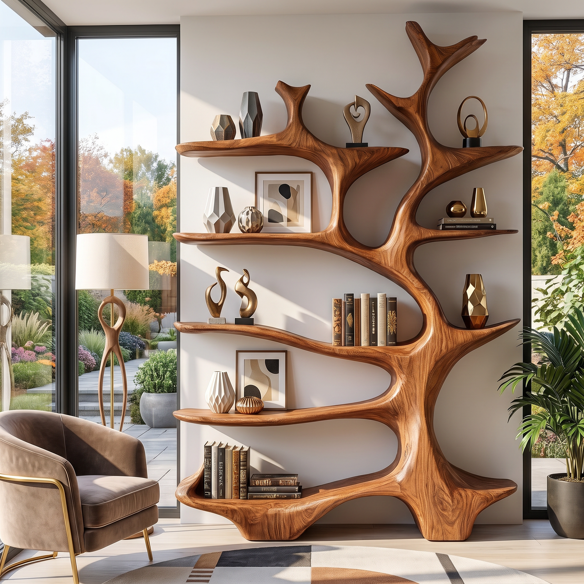 Nature Inspired Solid Wood Bookcase with Freeform Tree Shelving