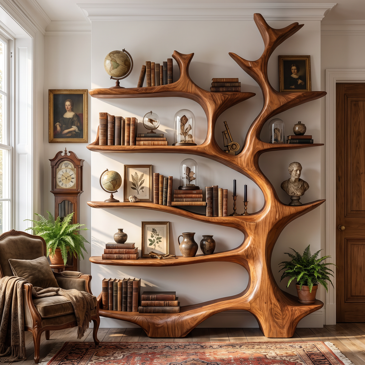 Nature Inspired Solid Wood Bookcase with Freeform Tree Shelving