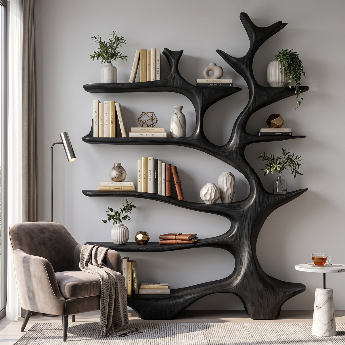 Nature Inspired Solid Wood Bookcase with Freeform Tree Shelving