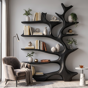 Nature Inspired Solid Wood Bookcase with Freeform Tree Shelving