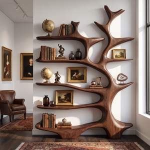 Nature Inspired Solid Wood Bookcase with Freeform Tree Shelving