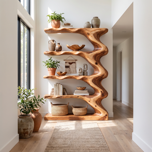 Organic Solid Wood Bookcase with Flowing Wave Shelves and Sculptural Open Design
