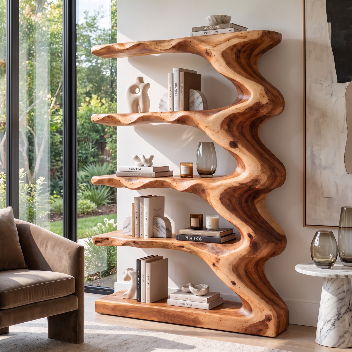 Organic Solid Wood Bookcase with Flowing Wave Shelves and Sculptural Open Design