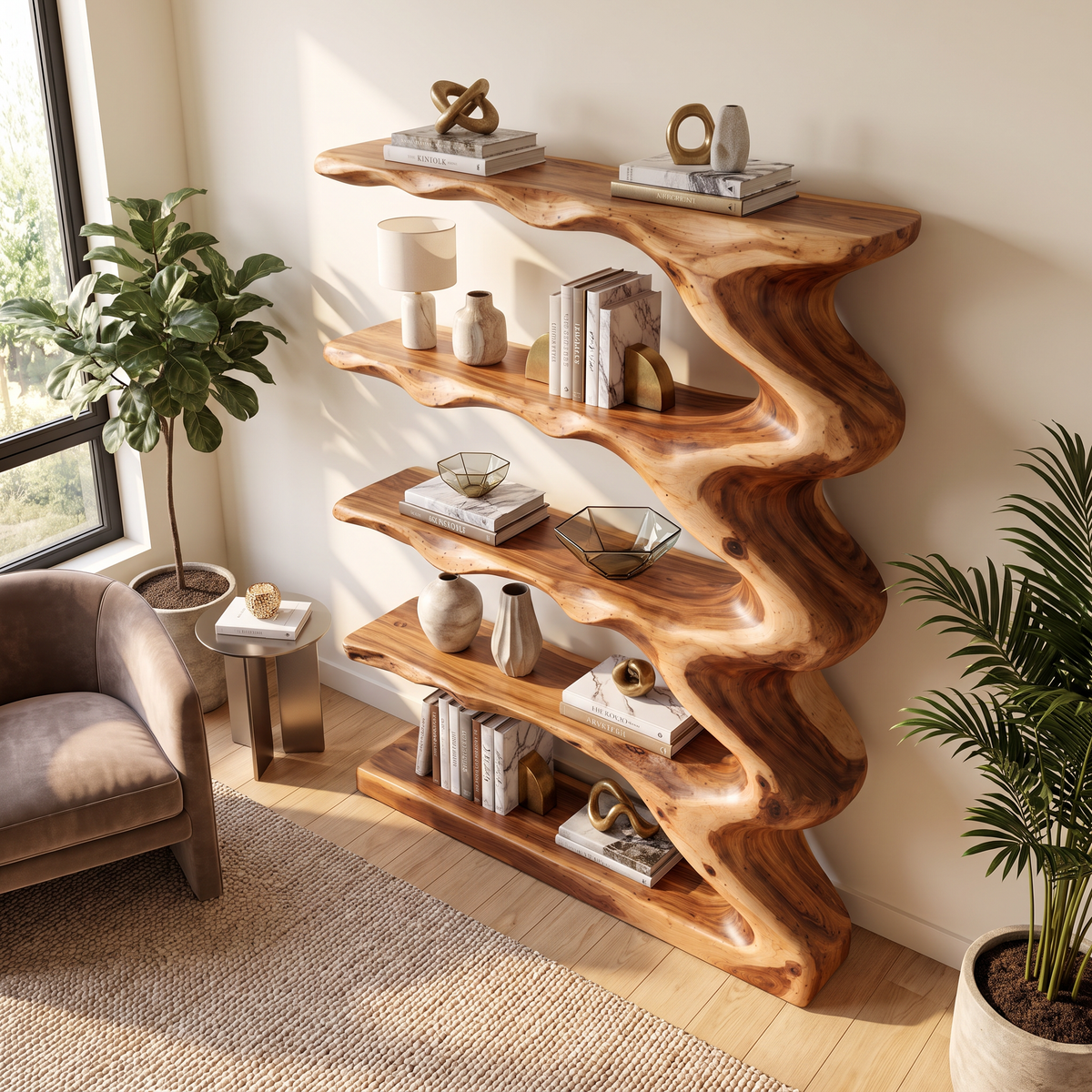 Organic Solid Wood Bookcase with Flowing Wave Shelves and Sculptural Open Design