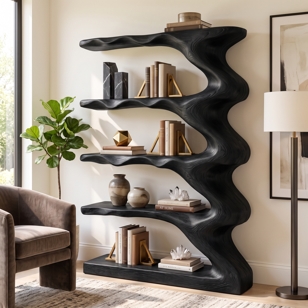 Organic Solid Wood Bookcase with Flowing Wave Shelves and Sculptural Open Design