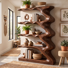 Organic Solid Wood Bookcase with Flowing Wave Shelves and Sculptural Open Design