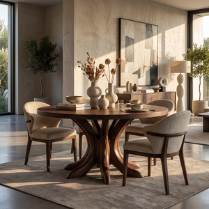 Dining Table with Branching Pedestal Base and Round Solid Wood Top