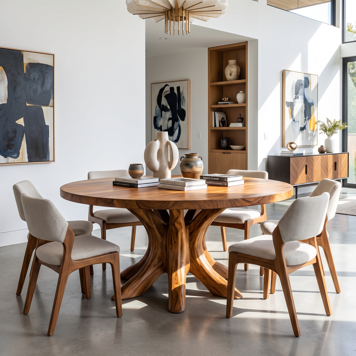 Dining Table with Branching Pedestal Base and Round Solid Wood Top