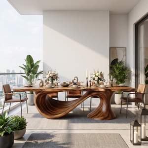 Dining Table with Sweeping Arc Base and Solid Wood Top