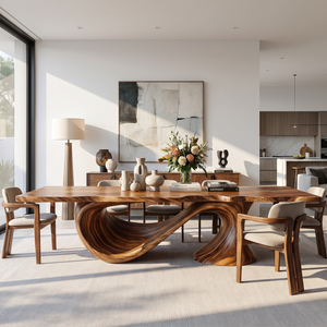 Dining Table with Sweeping Arc Base and Solid Wood Top