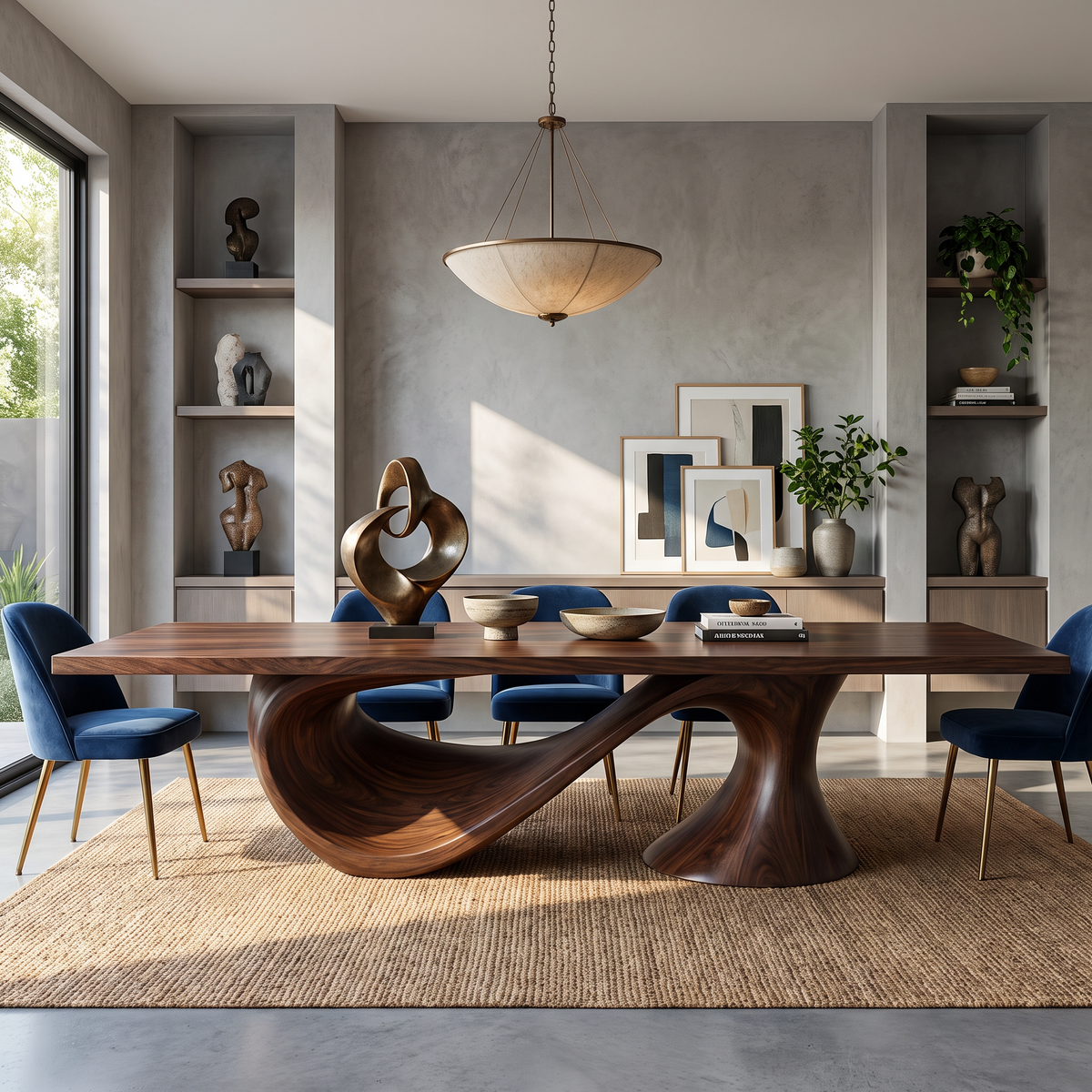 Dining Table with Sweeping Arc Base and Solid Wood Top