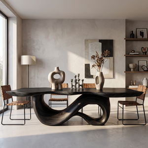 Dining Table with Sculptural Double Loop Base and Solid Wood Top