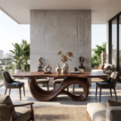 Dining Table with Sculptural Double Loop Base and Solid Wood Top