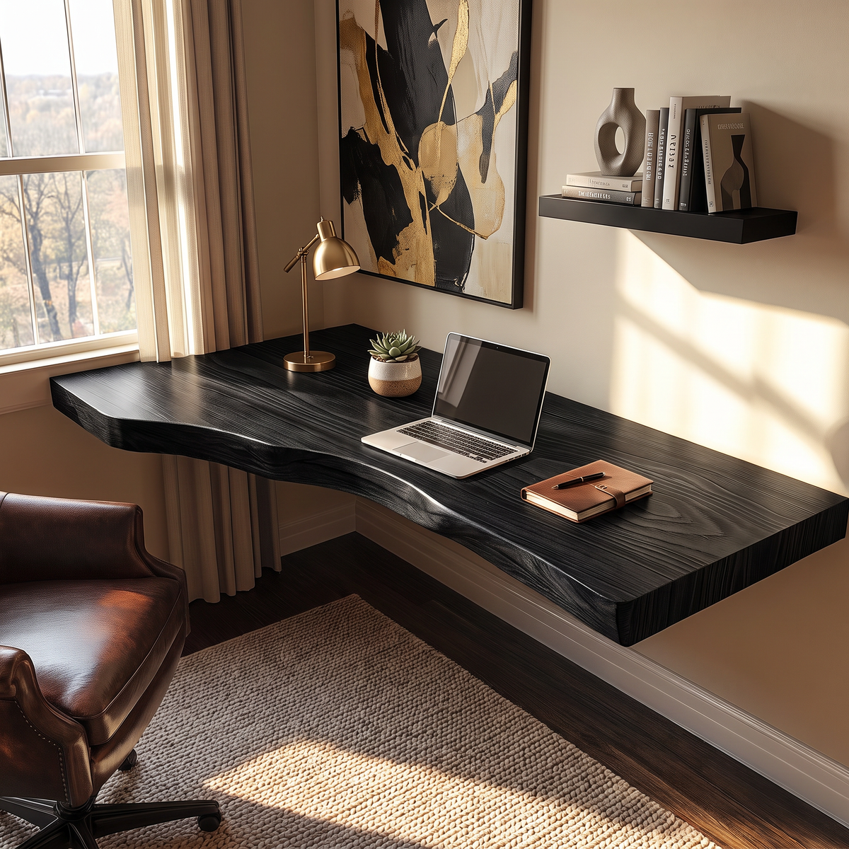 Floating Solid Wood Corner Desk with Live Edge Surface and Organic Wall Mounted Design