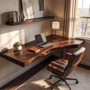 Floating Solid Wood Corner Desk with Live Edge Surface and Organic Wall Mounted Design