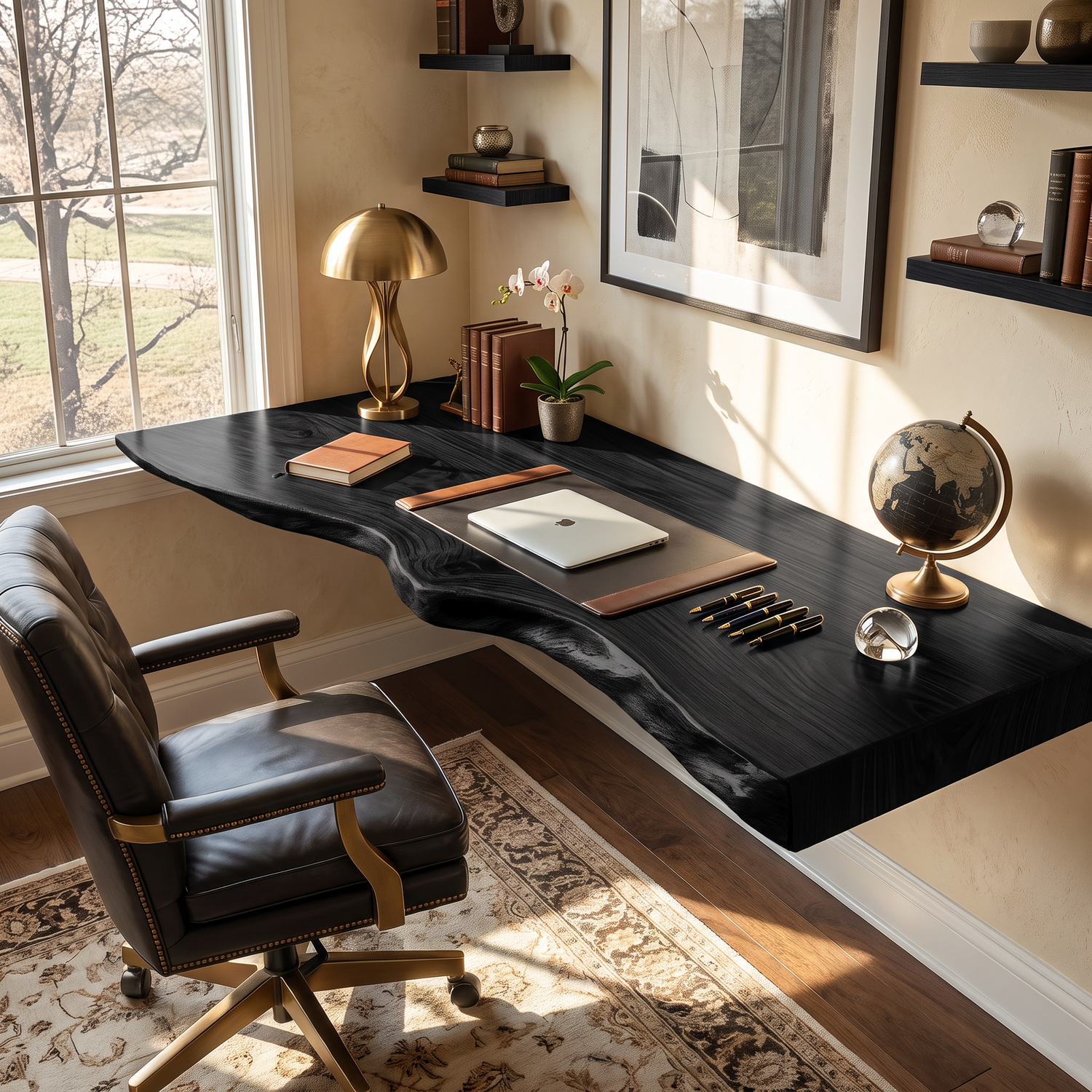 Floating Desk with Sculpted Live Edge and Wall Mounted Design