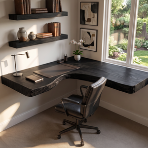 Floating Solid Wood Corner Desk with L-Shaped Live Edge Surface and Wall Mounted Design