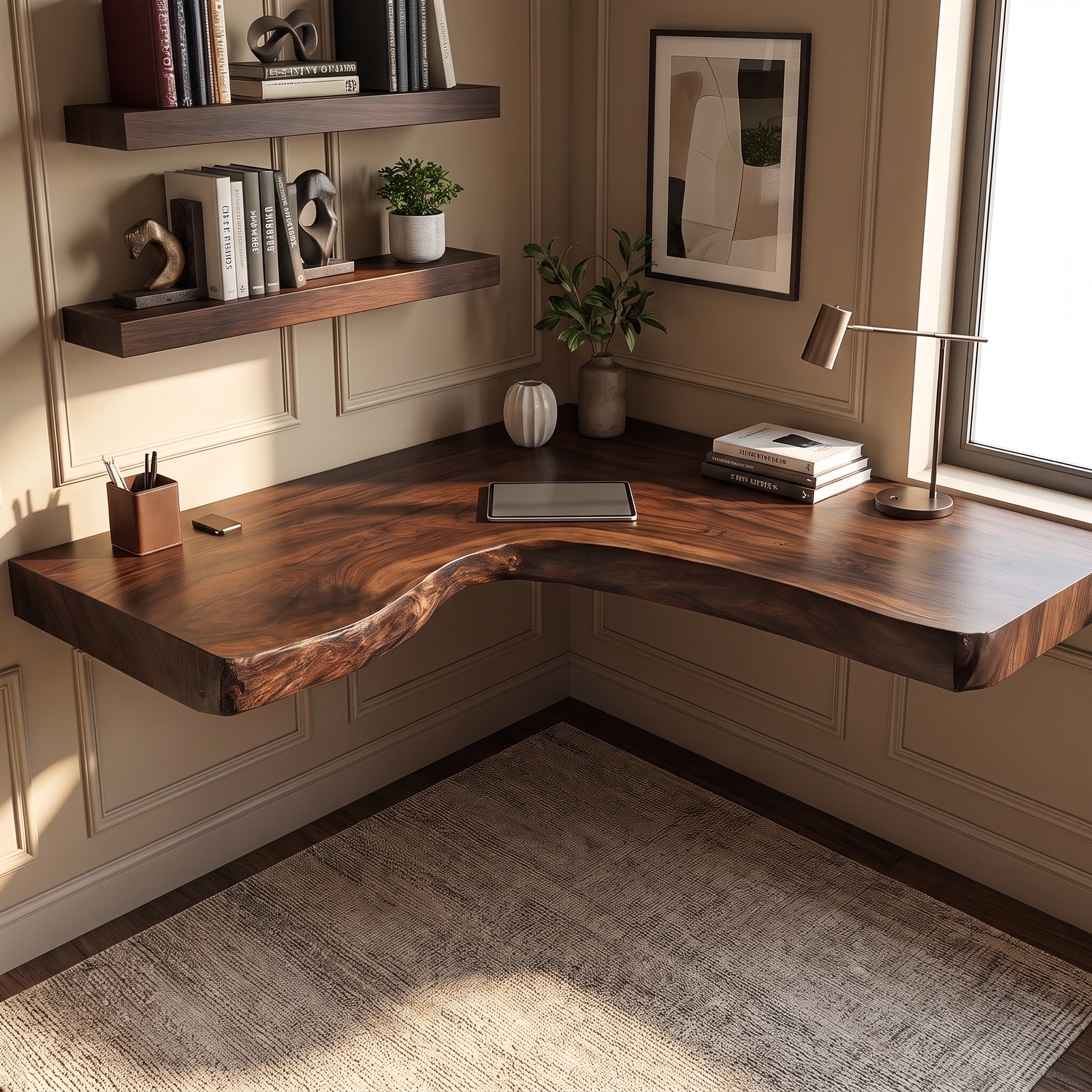 Floating Solid Wood Corner Desk with L-Shaped Live Edge Surface and Wall Mounted Design
