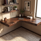 Floating Solid Wood Corner Desk with L-Shaped Live Edge Surface and Wall Mounted Design