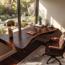 Floating Solid Wood Corner Desk with Curved Live Edge and Natural Slab Design