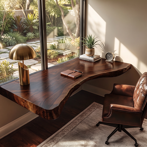 Floating Solid Wood Corner Desk with Curved Live Edge and Natural Slab Design