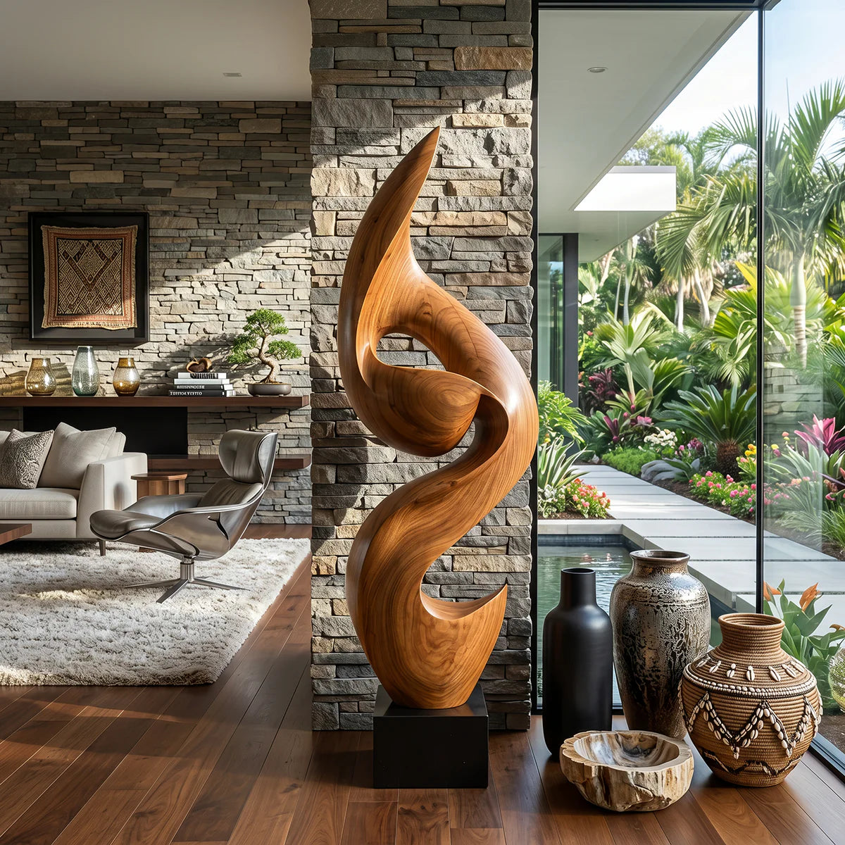 Tall Solid Wood Flowing Curve Floor Sculpture with Plinth for Modern Interiors