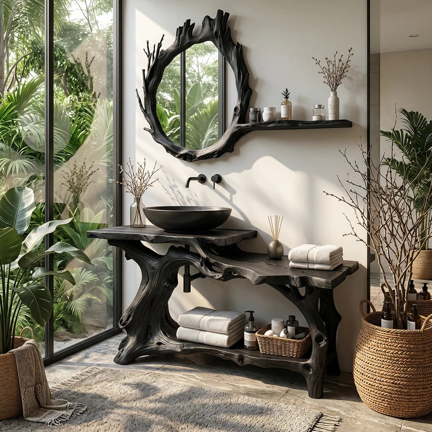 Live Edge Solid Wood Vanity with Branch-Style Base and Open Shelf