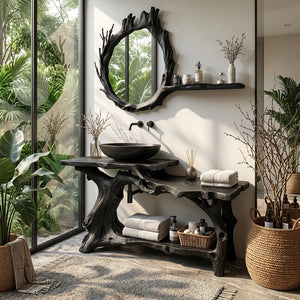 Live Edge Solid Wood Vanity with Branch-Style Base and Open Shelf