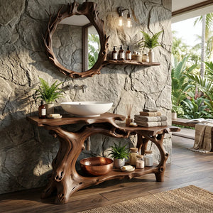 Live Edge Solid Wood Vanity with Branch-Style Base and Open Shelf
