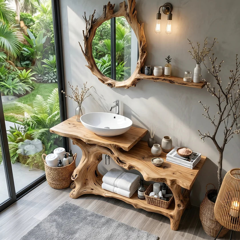 Live Edge Solid Wood Vanity with Branch-Style Base and Open Shelf