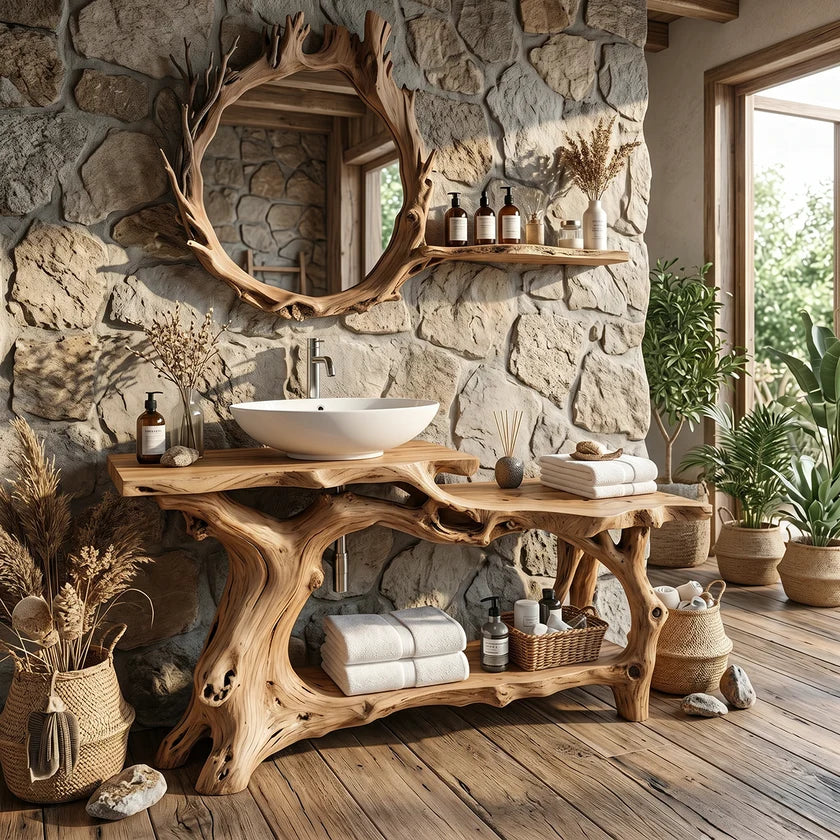 Live Edge Solid Wood Vanity with Branch-Style Base and Open Shelf