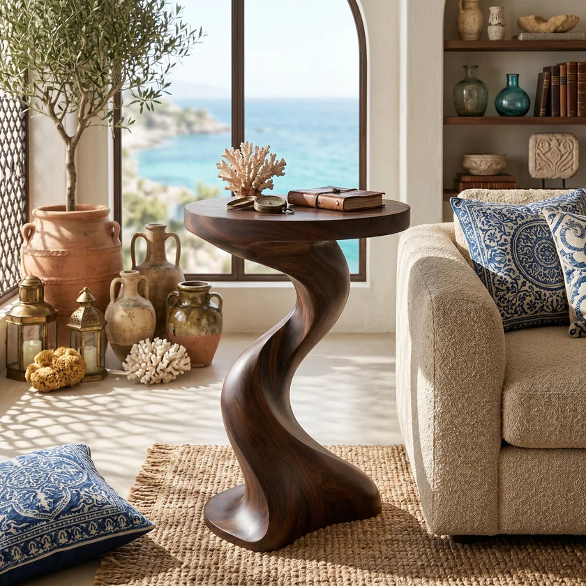 Solid Wood Twisted Side Table Modern Sculpted Accent Piece