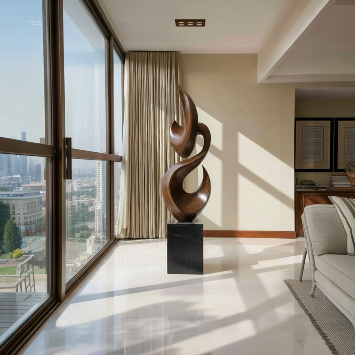 Tall Solid Wood Flame Floor Sculpture with Plinth for Modern Living Rooms
