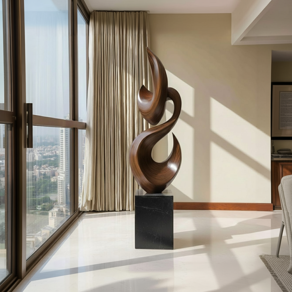 Tall Solid Wood Flame Floor Sculpture with Plinth for Modern Living Rooms